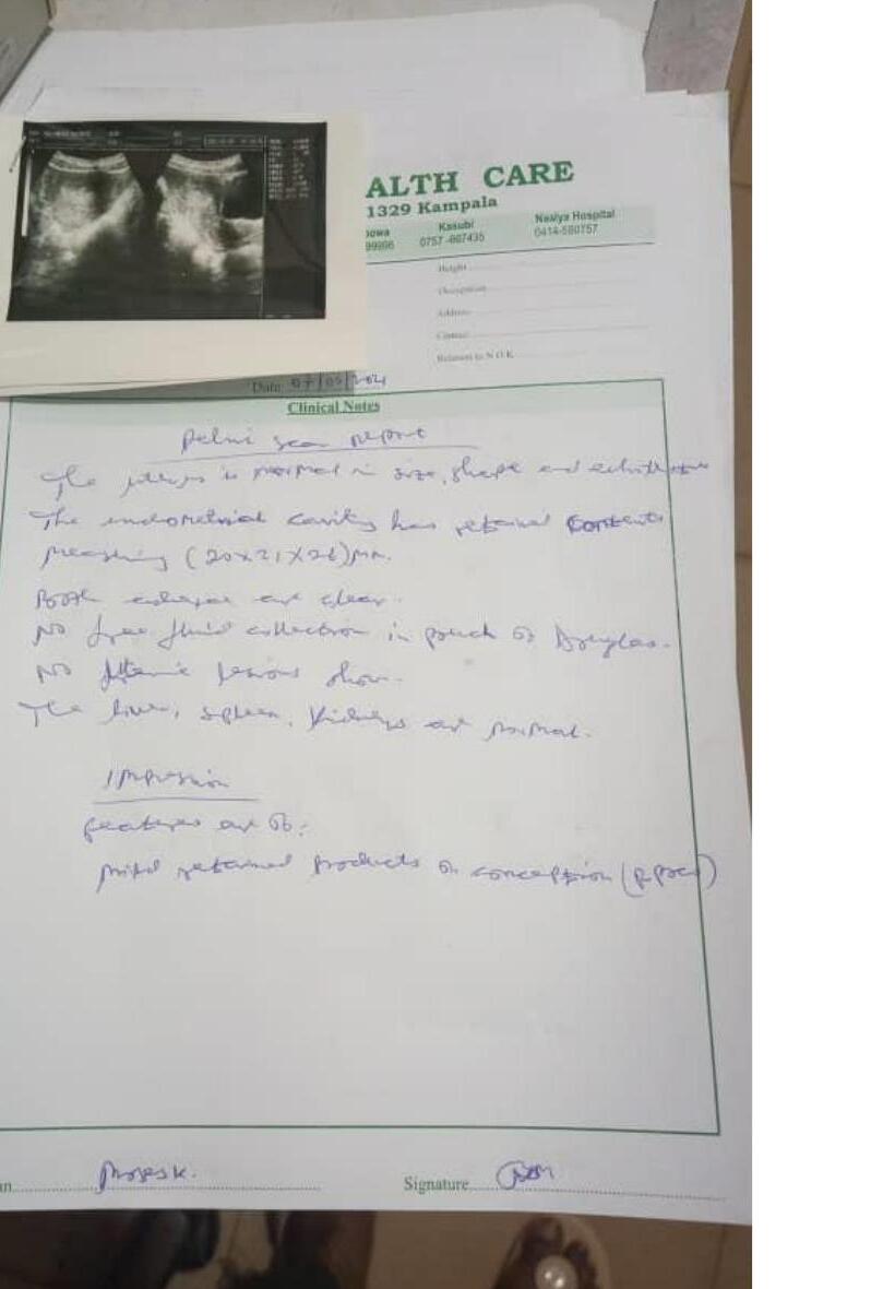 Handwritten clinic note from Alth Care / Malcom Health Care Kampala used as proof of an abortion