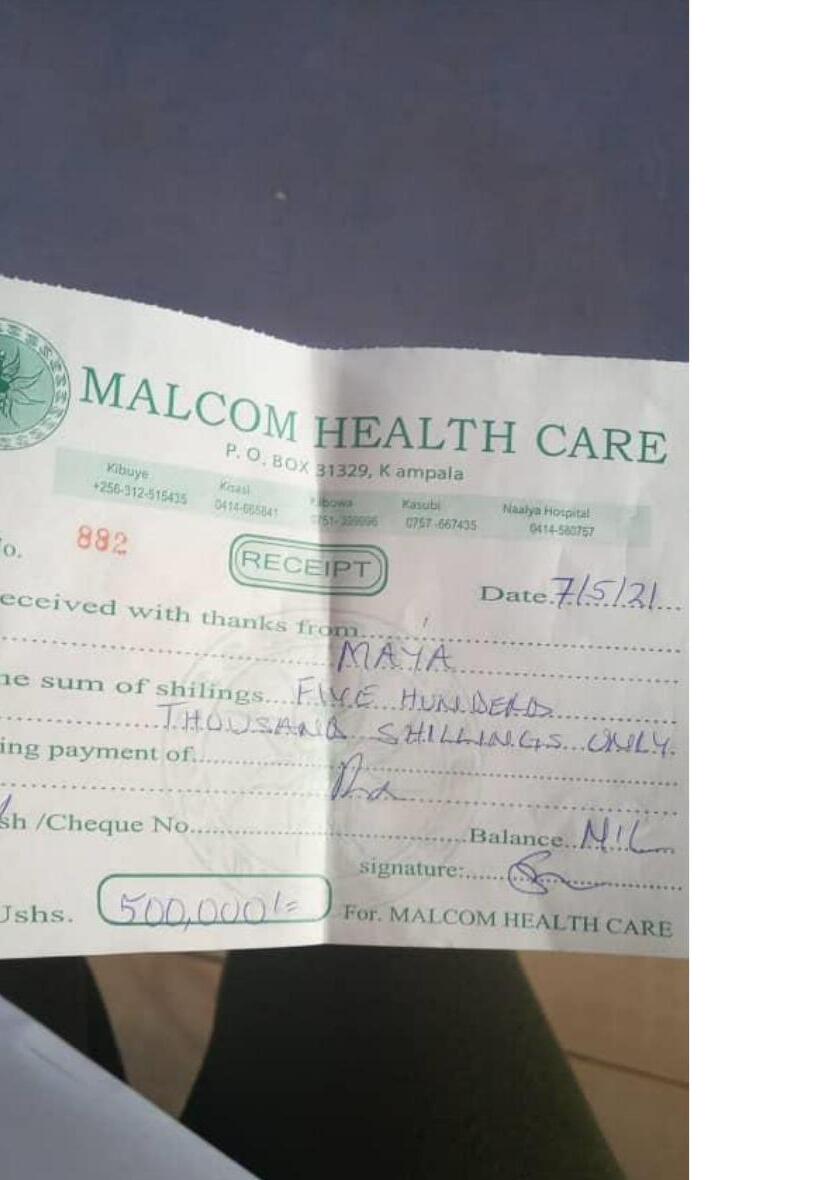 Malcom Health Care receipt dated 7 May 2021 for 500,000 shillings in the name MAYA