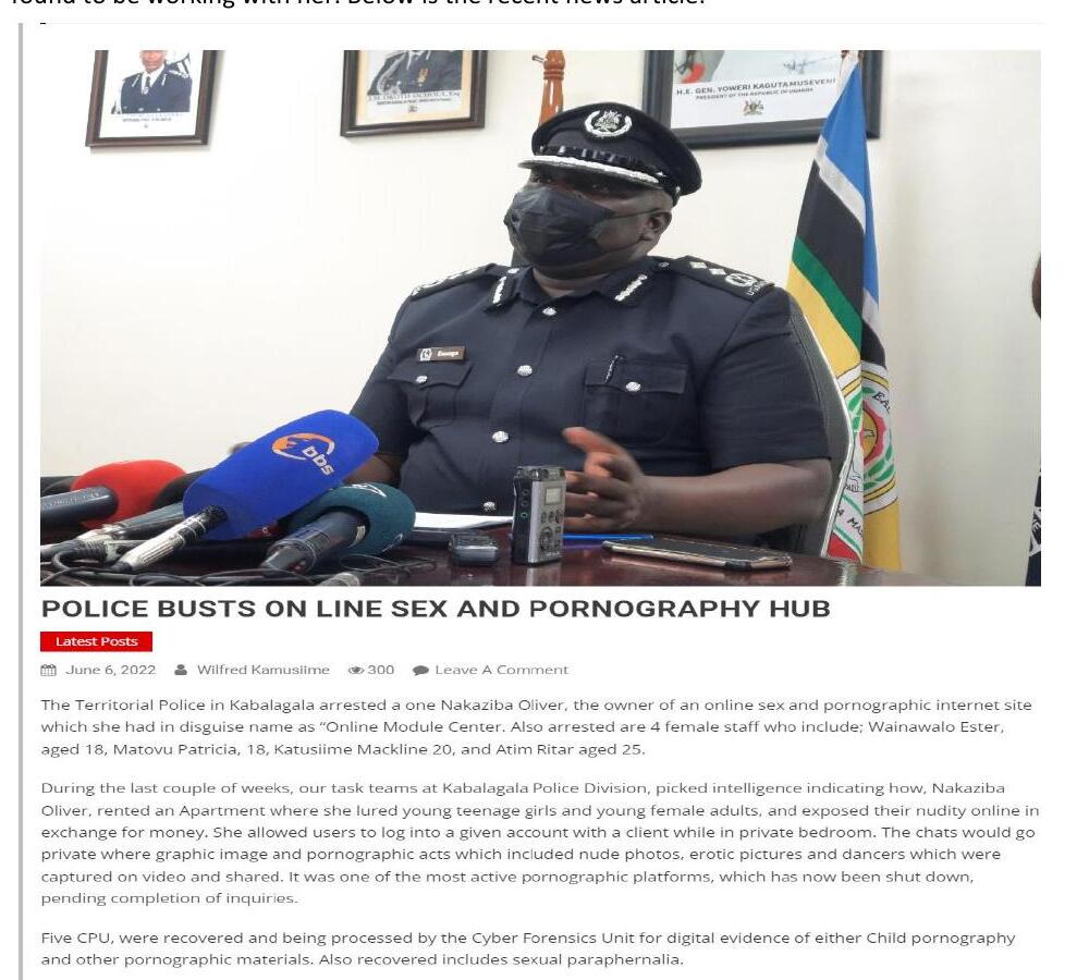 June 2022 news report: Kampala police bust of an online sex hub in Kabalagala linked to Nakaziba Oliver (Olivia)